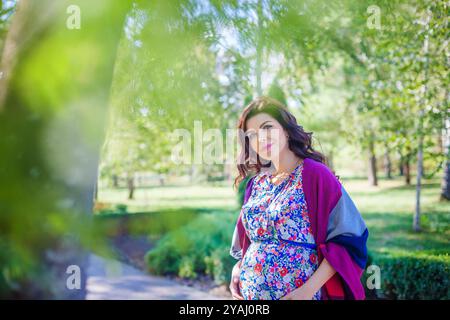 Portret von schwangeren Frauen im Herbstpark Stockfoto