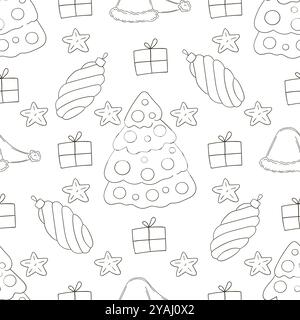 Weihnachtsfeiertage. Weihnachtsbäume, Hüte, Geschenke. Farbmuster in Handzeichnung. Kann für Gewebe, Verpackungen usw. verwendet werden Stock Vektor
