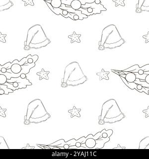 Weihnachtsfeiertage. Weihnachtsbäume, Hüte, Geschenke. Farbmuster in Handzeichnung. Kann für Gewebe verwendet werden Stock Vektor