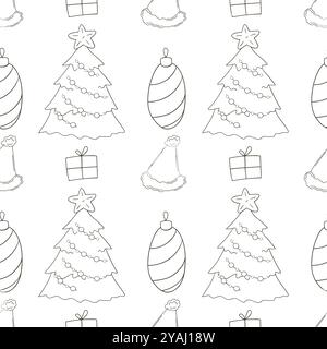 Weihnachtsfeiertage. Farbmuster in Handzeichnung. Weihnachtsbäume, Hüte, Geschenke. Kann für Gewebe, Verpackungen usw. verwendet werden Stock Vektor