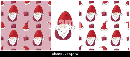 Weihnachtsfeiertage. Setzen Sie nahtlose Muster im Stil der Handzeichnung. Neujahrshüte, Gnome. Kann für Gewebe und etc. Verwendet werden Stock Vektor