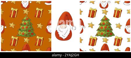 Weihnachtsfeiertage. Neujahrshüte, Gnome, Geschenke. Setzen Sie nahtlose Muster im Stil der Handzeichnung. Kann für Gewebe verwendet werden Stock Vektor