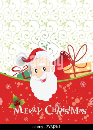 Rot-weiße Weihnachtskarte mit einem lächelnden weihnachtsmann. Auf der Karte steht Frohe Weihnachten Stock Vektor