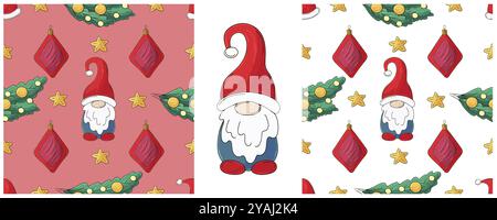 Weihnachtsfeiertage. Neujahrshüte, Gnome. Setzen Sie nahtlose Muster im Stil der Handzeichnung. Kann für Gewebe, Verpackungen, Geschenkpapier usw. verwendet werden Stock Vektor