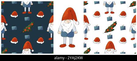 Weihnachtsfeiertage. Neujahrshüte, Gnome, Geschenke. Setzen Sie nahtlose Muster im Stil der Handzeichnung. Kann für Gewebe, Verpackungen usw. verwendet werden Stock Vektor