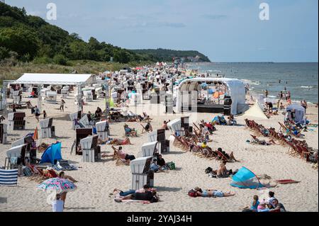 25.07.2024, Deutschland, Mecklenburg-Vorpommern, Heringsdorf - Europa - Urlauber sonnen sich in traditionellen Liegen und im Sand am K Stockfoto