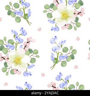 Nahtloses Blumenmuster im Frühling mit weißen Anemonen, blauen Süßerbsen, Eukalyptusblättern und rosa Beeren. Abbildung des Materialvektors. Stock Vektor