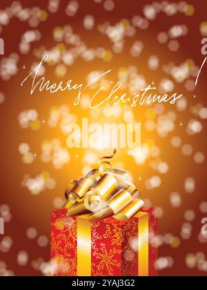 Frohe Weihnachten! Eine wunderschön gewickelte rote Box mit goldenen Bändern wird geöffnet, die eine Überraschung im Inneren enthüllt. Die Box ist auf einem roten Hintergrund platziert, Creati Stock Vektor