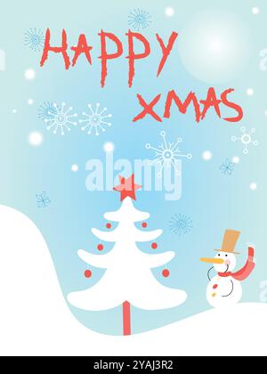 Weißer Baum mit roten und blauen Verzierungen und ein Schneemann mit Hut. Der Baum ist von Schnee umgeben und der Schneemann hält eine Schneeflocke. Die Worte „H Stock Vektor