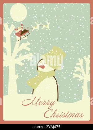 Pinguin steht mit einem Schal im Schnee. Der Pinguin schaut in die Kamera. Das Wort Merry steht unten auf dem Bild Stock Vektor