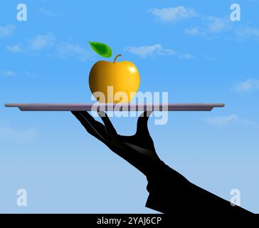 Ein großer goldener Apfel wird auf einem Tablett in einer 3D-Illustration über Herbstäpfel serviert. Stockfoto