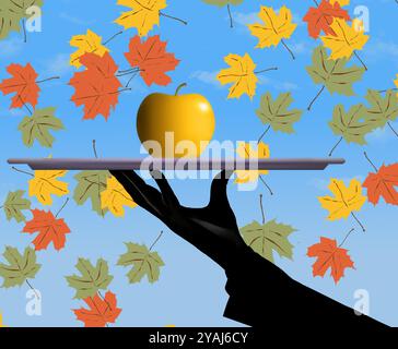 Ein großer goldener Apfel wird auf einem Tablett vor herabfallenden Herbstblättern in einer 3D-Illustration über Herbstäpfel serviert. Stockfoto