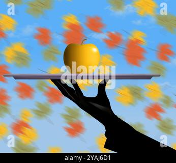 Ein großer goldener Apfel wird auf einem Tablett in einer 3D-Illustration über Herbstäpfel serviert. Stockfoto