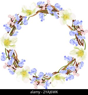 Frühlings-Blumenvektorkranz für Hochzeitseinladungen, Banner oder Grußkarten. Weiße Anemonen, blaue süße Erbsenblüten, rosa Beeren, Eukalyptus. Stock Vektor