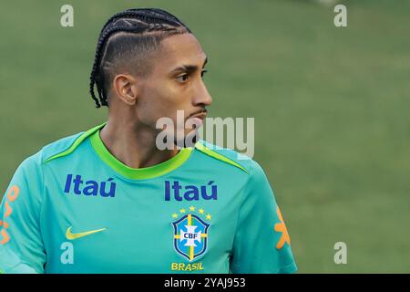 Gama, Brasilien, 13. Oktober 2024. Raphinha aus Brasilien, blickt am 13. Oktober 2024 im Bezerrao Stadion in Gama, Brasilien, zu. Das Team bereitet sich auf Peru in der 10. Runde der südamerikanischen Qualifikation zur FIFA Fussball-Weltmeisterschaft 2026 vor. Foto: Heuler Andrey/DiaEsportivo/Alamy Live News Stockfoto