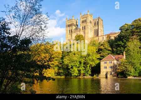 Wunderschöne Reflexion der historischen Kathedrale von durham über dem Fluss Wear umgeben von üppigem Grün und lebhaftem Herbstlaub, hellblauem Himmel tyne & Wear Stockfoto
