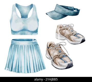 Sportswear, Rock und Oberteil, Turnschuhe, Mütze, Set auf weiß. Aquarellillustration Tennisuniform für den Druck von Tennisclubs, Broschüren, Broschüren. Stockfoto