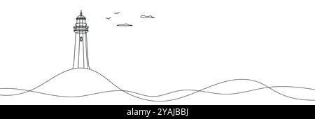 Durchgehende einfache Linienzeichnung des Leuchtturmsymbols auf weißem Hintergrund. Stock Vektor