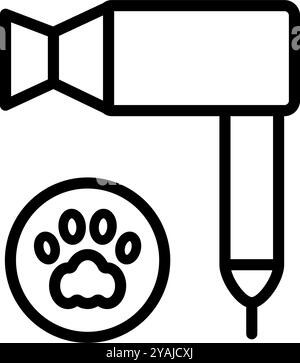 Haustierfön mit Pfotenlinien-Symbol. Pflege und Pflege von Katzen und Hunden. Pflegewerkzeug isoliert auf weißem Hintergrund. Stock Vektor