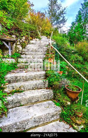 Flucht der Steintreppen im Garten - Le Petit-Pressigny, Indre-et-Loire (37), Frankreich. Stockfoto