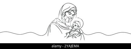 Eine durchgehende Linienzeichnung eines minimalen Jesus Christus, der ein Baby in seinen Armen hält Stock Vektor