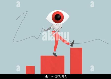 Fotocollage kopflos tanzende Frau riesiger Augapfel Vision Superintendence Kontrolle Privatsphäre Oculist Zeichnung Hintergrund Stockfoto