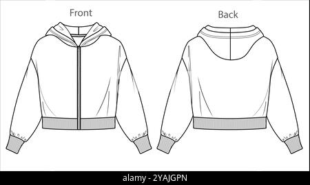 Vektor übergroße Frau Sweatshirt Mode CAD, langärmlige Kapuze Sweatshirt technische Zeichnung, Vorlage, Skizze, flach. Fleece oder Gewebe Unisex Stock Vektor