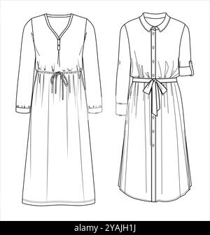 Vektor langärmeliges Kleid technische Zeichnung, Frau Maxi Kleid mit Schleife Detail Mode CAD, langes Hemd mit Gürtel und Taschen Vorlage, Skizze, flach. Aa Stock Vektor