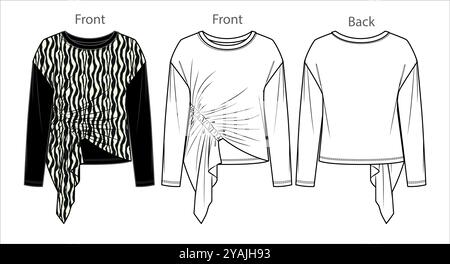 Frau Bluse mit Rundhalsausschnitt und Raffung Mode CAD, langärmeliges Oberteil mit Zebradruck Skizze, technische Zeichnung, flach, Vorlage. Trikot und Wove Stock Vektor