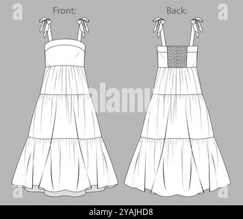 Vektor ausgestellte lange Kleid Mode CAD, Frau Maxi Kleid mit Schultergurten technische Zeichnung, Sammlung Detail Kleid flach, Vorlage, Skizze. Jersey oder Stock Vektor