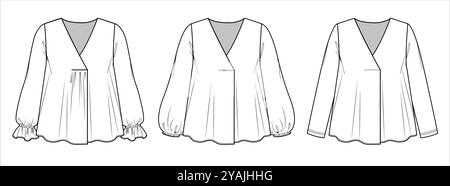 Vektor langärmelige Bluse Mode CAD, Frau V-Ausschnitt 3 Stücke Set von Oberteil mit Rüschendetail technische Zeichnung, Vorlage, flach, Skizze. Jersey oder gewebt Stock Vektor