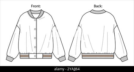 Vector Mode Skizze Sweatshirt mit Ripp, Frau Collage Jacke technische Zeichnung, Mode CAD, flach, Vorlage, langärmeliger Hoodie. Jersey oder Fleece Stock Vektor