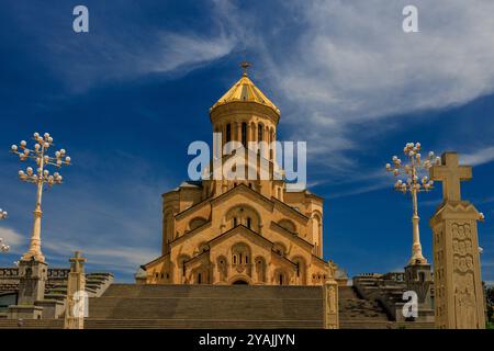 Geschnitzte Steinsäulen und eine breite Treppe führen bei voller Sonne zur imposanten heiligen dreifaltigkeitskirche von tiflis georgien Stockfoto