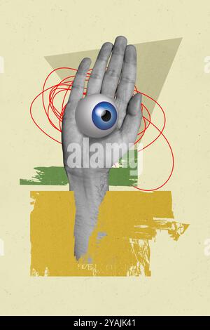 Composite Trend Artwork Skizzenbild Foto Collage von monochromen Arm riesiger Handgriff Keep Eye 3D Search Security Überwachungslinie Kritzelei Stockfoto