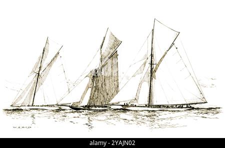 BILDER VON GESTERN - verwaltet von PPL PHOTO AGENCY - COPYRIGHT RESERVED1893 America's Cup: Drei erfolglose Verteidigungsyachten (von links nach rechts) COLONIA Stockfoto