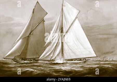 BILDER VON GESTERN - verwaltet von PPL Photo Agency - COPYRIGHT RESERVEDCirca 1895 America's Cup: Die amerikanische Yacht DEFENDER kreuzt die Bögen der Stockfoto