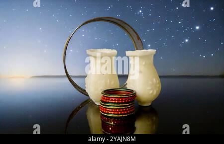 Nachtschuss indische verheiratete Frau in traditioneller Kleidung durch Sieb während des religiösen Karwa-Chauth-Festivals der Hindu-Indianer Stockfoto