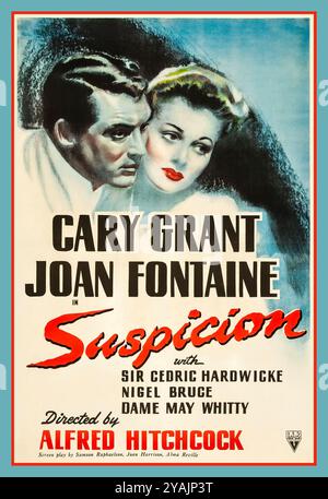 Misstrauen ist ein US-amerikanischer Psychothriller von Alfred Hitchcock aus dem Jahr 1941 mit Cary Grant und Joan Fontaine als verheiratetes Paar. Außerdem sind hier Sir Cedric Hardwicke, Nigel Bruce, Dame May Whitty, Isabel Jeans, Heather Angel, und Leo G. Carroll. Misstrauen basiert auf Francis Iles’ Roman Before the Fact (1932). Regie führte Alfred Hitchcock mit Cary Grant Joan Fontaine. Theaterplakat für die amerikanische Veröffentlichung des Films Misstrauen aus dem Jahr 1941. Datum 1941 Stockfoto