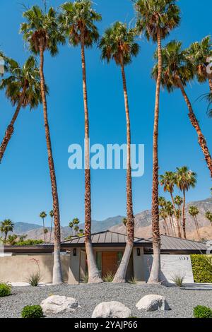 Palm Springs, CA, USA-22. Mai 2024: Äußere eines modernen Luxushauses aus der Mitte des Jahrhunderts in einem Vorstadtviertel. Stockfoto