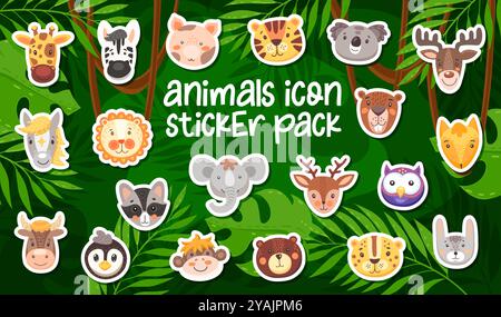 Stickerpackung mit lustigen Zeichentrickfiguren auf einem üppigen Dschungel-Hintergrund. Süße Giraffe, Zebra, Schwein, Tiger und Koala. Hirsch, Einhorn, Löwe und Elefant, Waschbär, Eulen oder Bisons, pinguin, Affe, Bär Stock Vektor