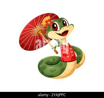 Bezaubernde Zeichentrickschlange in traditioneller chinesischer Kleidung und mit einem leuchtend roten Sonnenschirm. Feierliches und fröhliches Vektor-Reptil-Zodiac-Symbol des chinesischen Neujahrs und kulturelles Erbe Stock Vektor