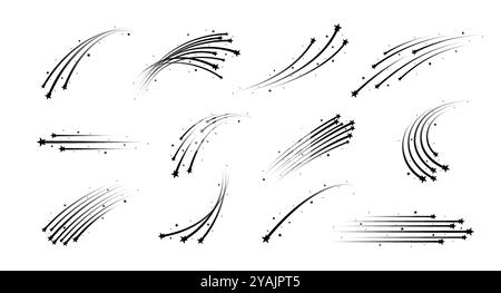 Weltraumsterne mit Spuren schießen, Starburst. Vektorsatz von monochromen Meteoren oder Asteroiden. Kosmisch fallende Kometen mit Spuren. Mystische Lichtstreifen, Magie und Energie am Nachthimmel Stock Vektor