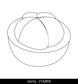 Einfache Mangostanfrucht-Skizze, minimalistische Umrisse von Mangostanfrucht, ganze Früchte und andere Hälfte. Ideal für Illustrationen und Lehrmaterialien Stock Vektor