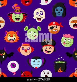 Nahtloses Muster für Halloween-Feiertage. Vektor-Hintergrund mit Katze, Hexe, Fledermaus und Piraten. Clown, Vampir, Kessel oder Augapfel mit Geist, Schädel und Mumie. Zombie, Teufel, Sensenmann und Alien Stock Vektor