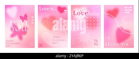 Valentinstag y2k Farbverläufe ästhetische Poster, lieben rosa Hintergründe im abstrakten modernen Stil mit Herzen, Schmetterlingen und Pastellfarben. Vektor vertikale Banner Vorlagen, romantische Valentinskarten Stock Vektor