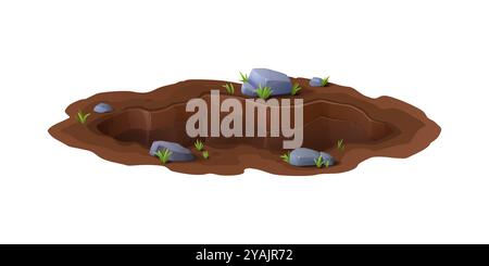 Cartoon tief schmutzige Grube und Grube, Erdloch in Boden oder Schlamm. Isolierte Vektorschlammige Spalte mit Felsen und Grün. Ökologische natürliche Lücke auf Rasen, Wiesen, Bauernhof, Wald oder Garten Stock Vektor