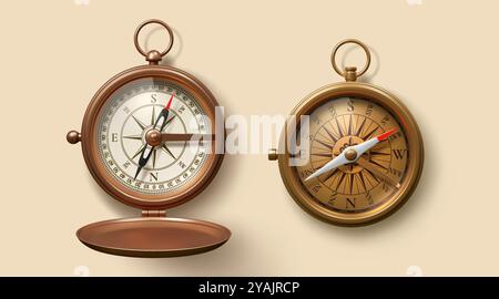 Realistischer antiker nautischer Bronzekompass mit Windrose. 3D-Vektorwerkzeuge für die Seeschifffahrt mit detaillierten Graden. Isolierte Vintage-nautische Instrumente, um die Richtung im Ozean zu zeigen Stock Vektor