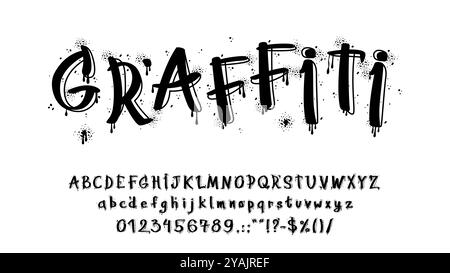 Graffiti-, Spraybuchstaben-Schriftart. Schwarzes Alphabet mit tropfender Farbe. Vektorreiche Groß- und Kleinbuchstaben, Zahlen und Sonderzeichen mit Street-Art-Ästhetik für urbane Kultur Stock Vektor