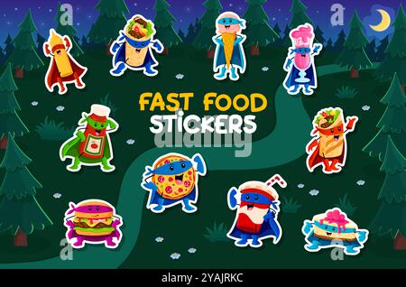Aufkleber Pack mit Cartoon-Superhelden-Fast-Food-Charakteren im Nachtwald. Senf- und Ketchup-Flaschen, Burrito, Eisbecher oder Soda-Becher. Pizza, Käsekuchen, Burger und Cocktail mit Capes und Masken Stock Vektor
