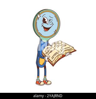 Groovige Lupenfigur zwinkernd mit dem Auge und liest Lehrbuch. Isolierte Karikaturvektorpädagogische Schulfigur. Lustige Retro-Lupe mit fröhlichem Gesichtsausdruck Lektion Stock Vektor